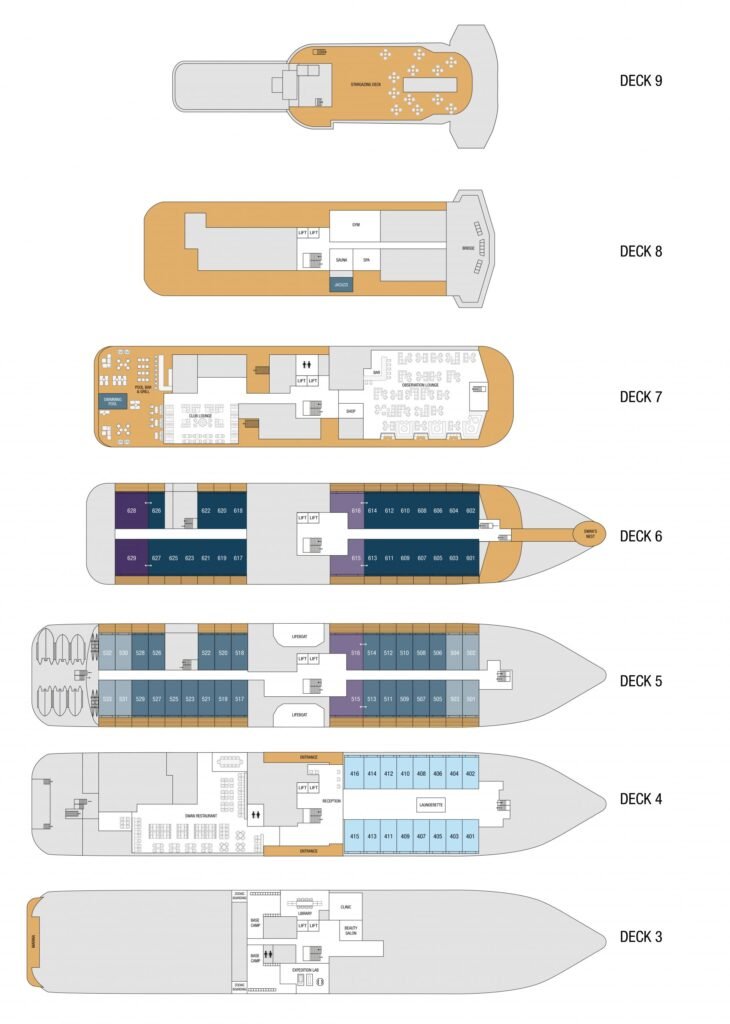 Deck plan of SH Minerva cruise ship, detailing layouts from Deck 3 to Deck 9, including cabins, lounges, dining, and spa areas