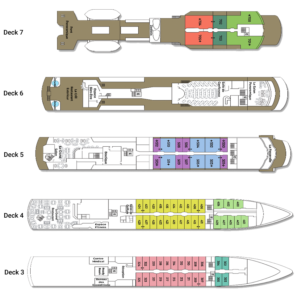 Exploris One deck plan showing ship layout with cabins, dining areas, fitness center, and expedition facilities